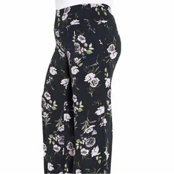 Three Dots Wide-Leg Pant Gorgeous Romantic Flora Purple Black & White Pattern - Picture 7 of 10